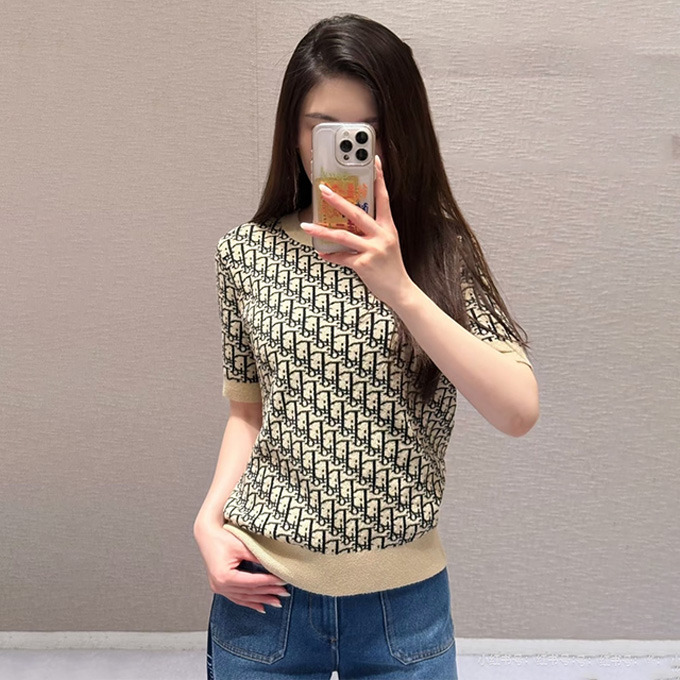 dior allover oblique logo jacquard crew neck short sleeve knit top